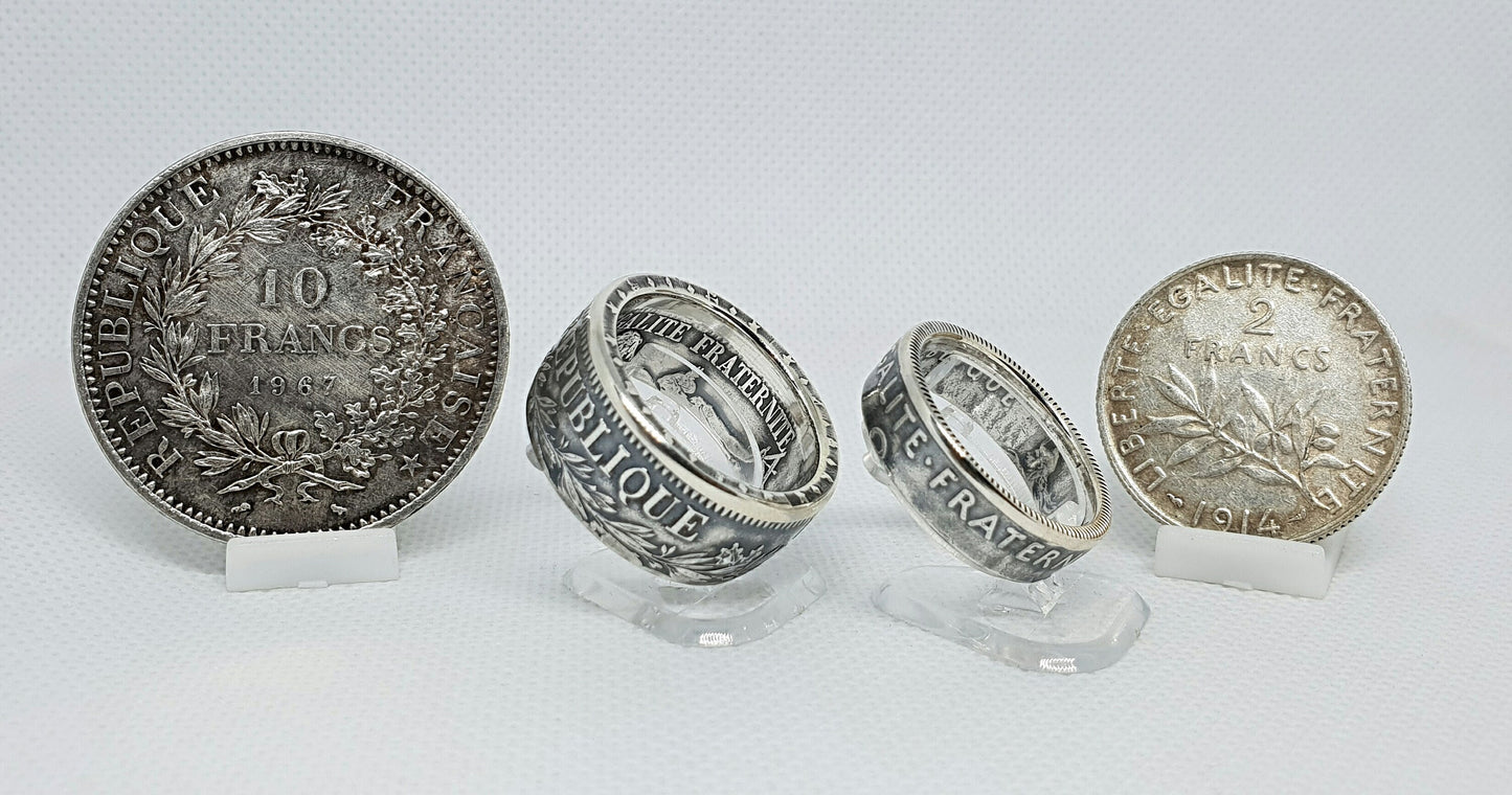 Ensemble Bague pièce de monnaie 2 Francs Semeuse et 10 Francs Hercule en argent (coin ring)