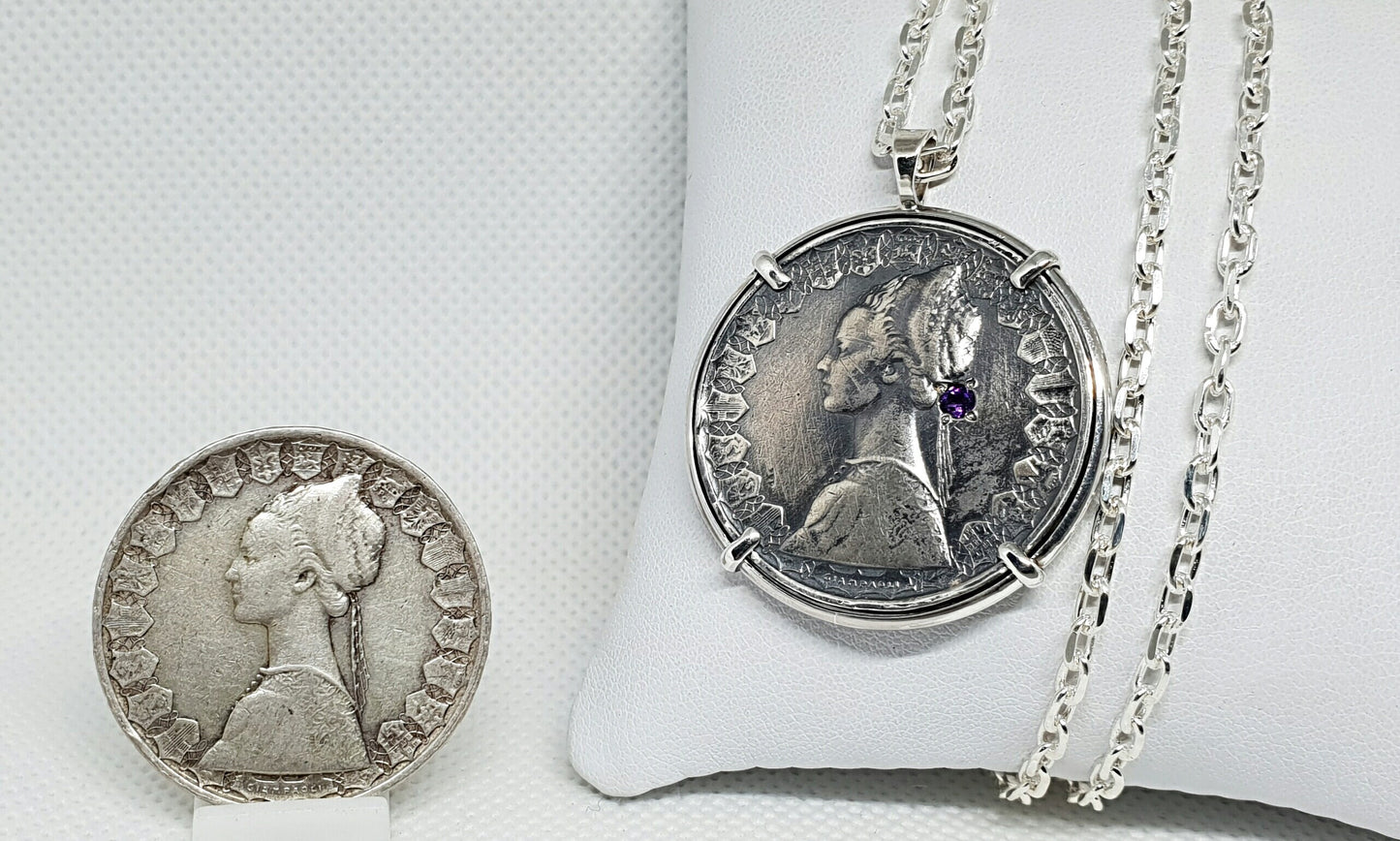 Pendentif pièce de monnaie 500 Lires Italie en argent fait main serti d'une améthyste
