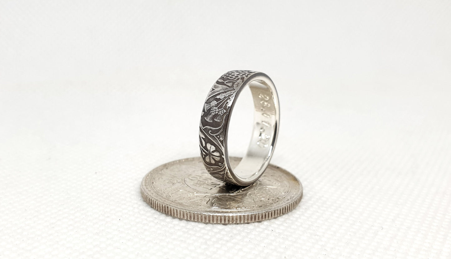 Bague pièce de monnaie 1 Rupee d'Inde en argent style alliance avec gravure (coin ring)