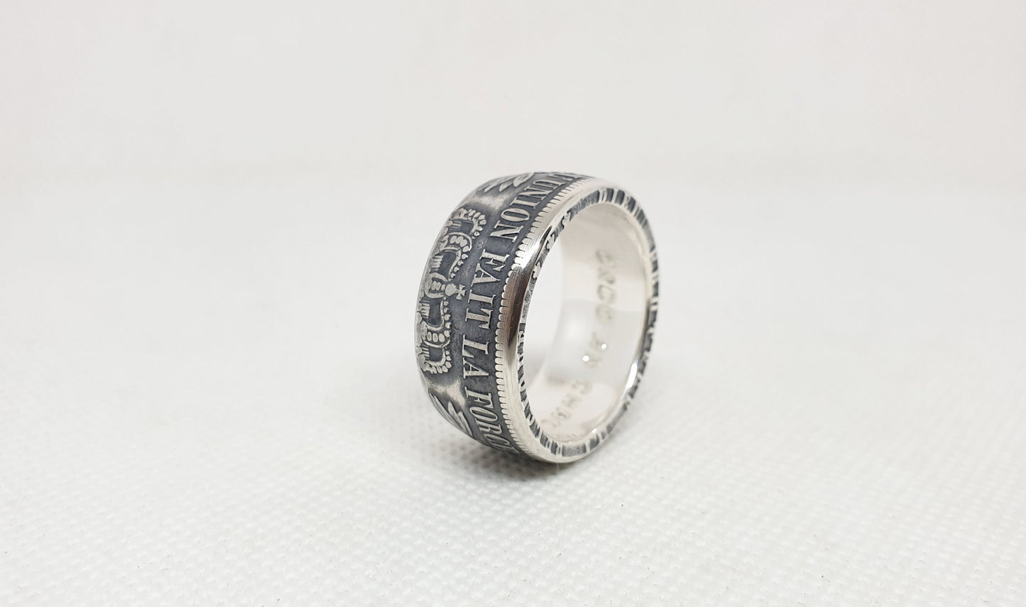 Bague pièce de monnaie 5 Francs de Belgique en argent style alliance avec gravure (coin ring)