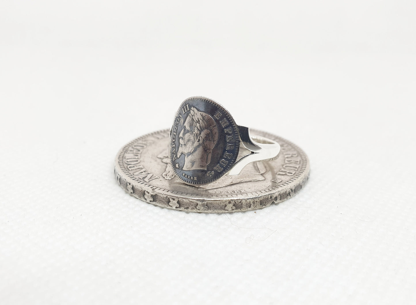 Bague pièce de monnaie 20 Centimes Napoléon III tête laurée cintrée en argent