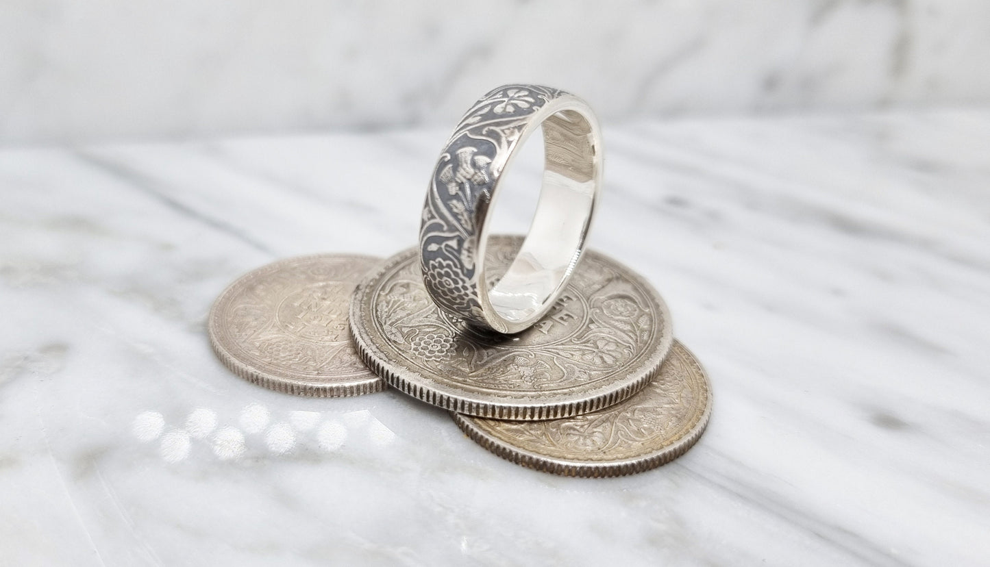 Bague pièce de monnaie 1 Rupee d'Inde en argent style alliance (coin ring)