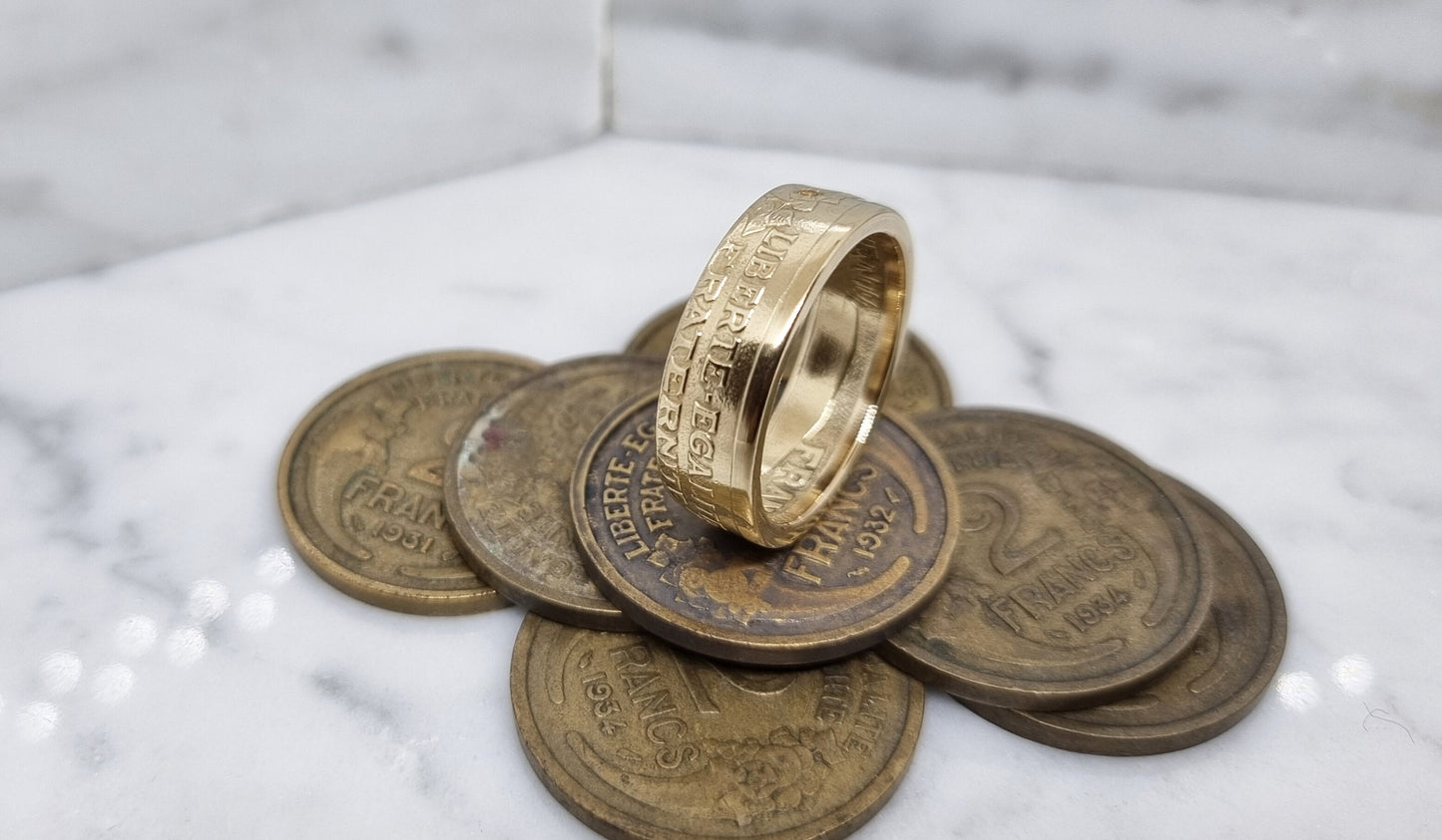 Bague pièce de monnaie 2 Francs Morlon serti d'une citrine (coin ring)