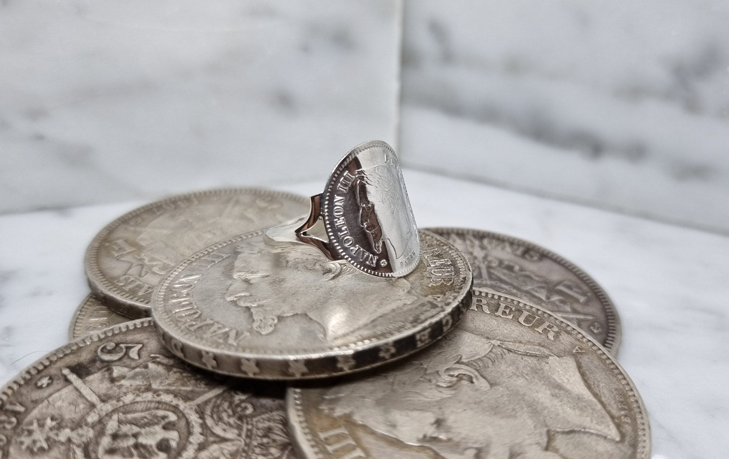 Bague pièce de monnaie 20 Centimes Napoléon III tête laurée cintrée en argent