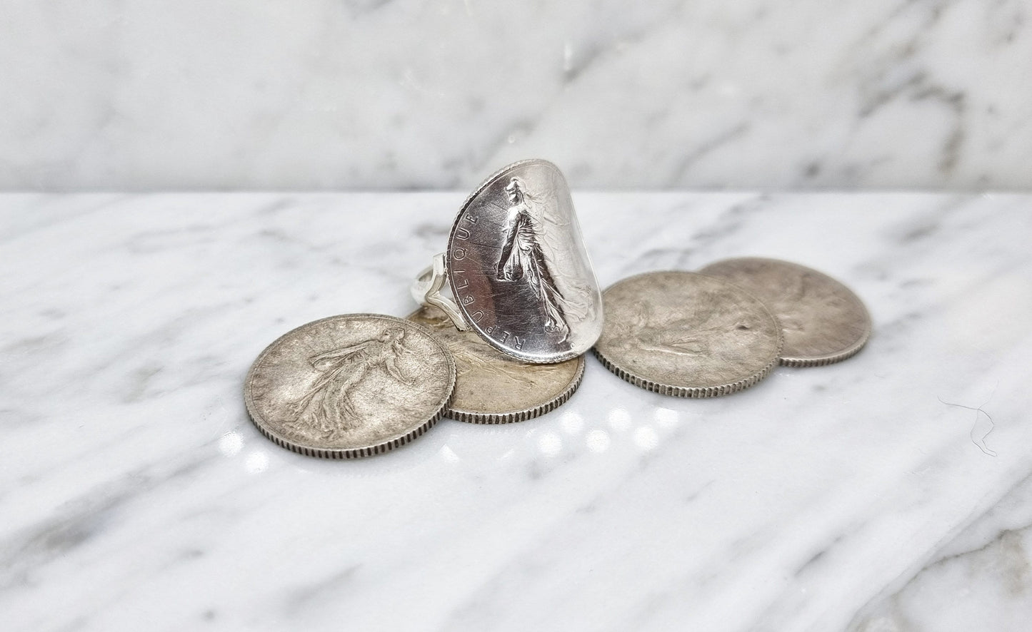 Bague pièce de monnaie 1 Franc Semeuse cintrée en argent