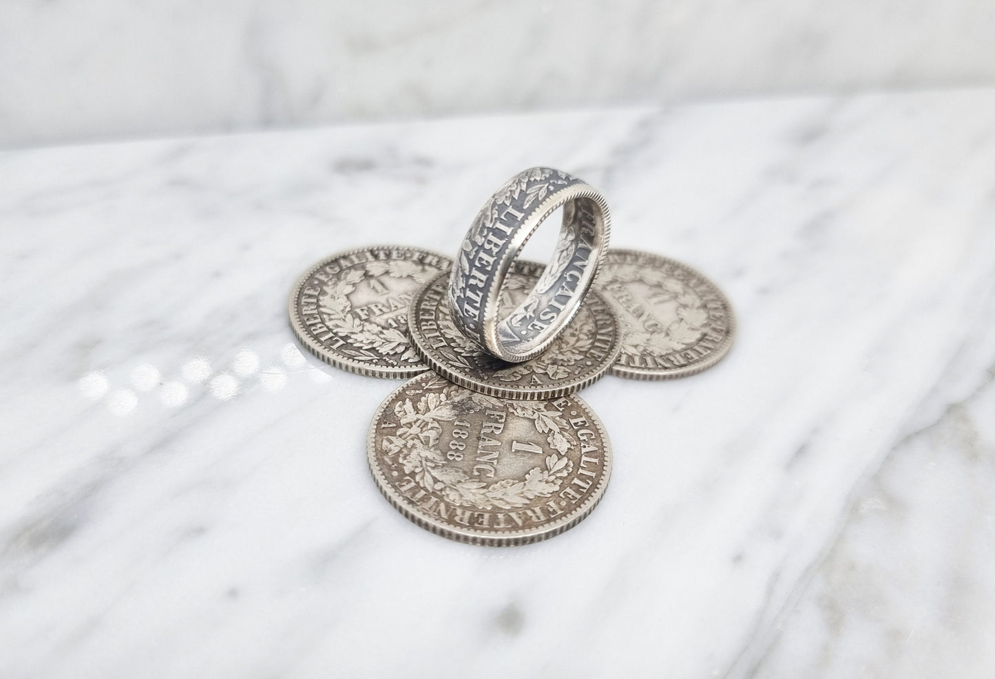 Bague pièce de monnaie 1 Franc Cérès en argent serti d'une tsavorite (coin ring)