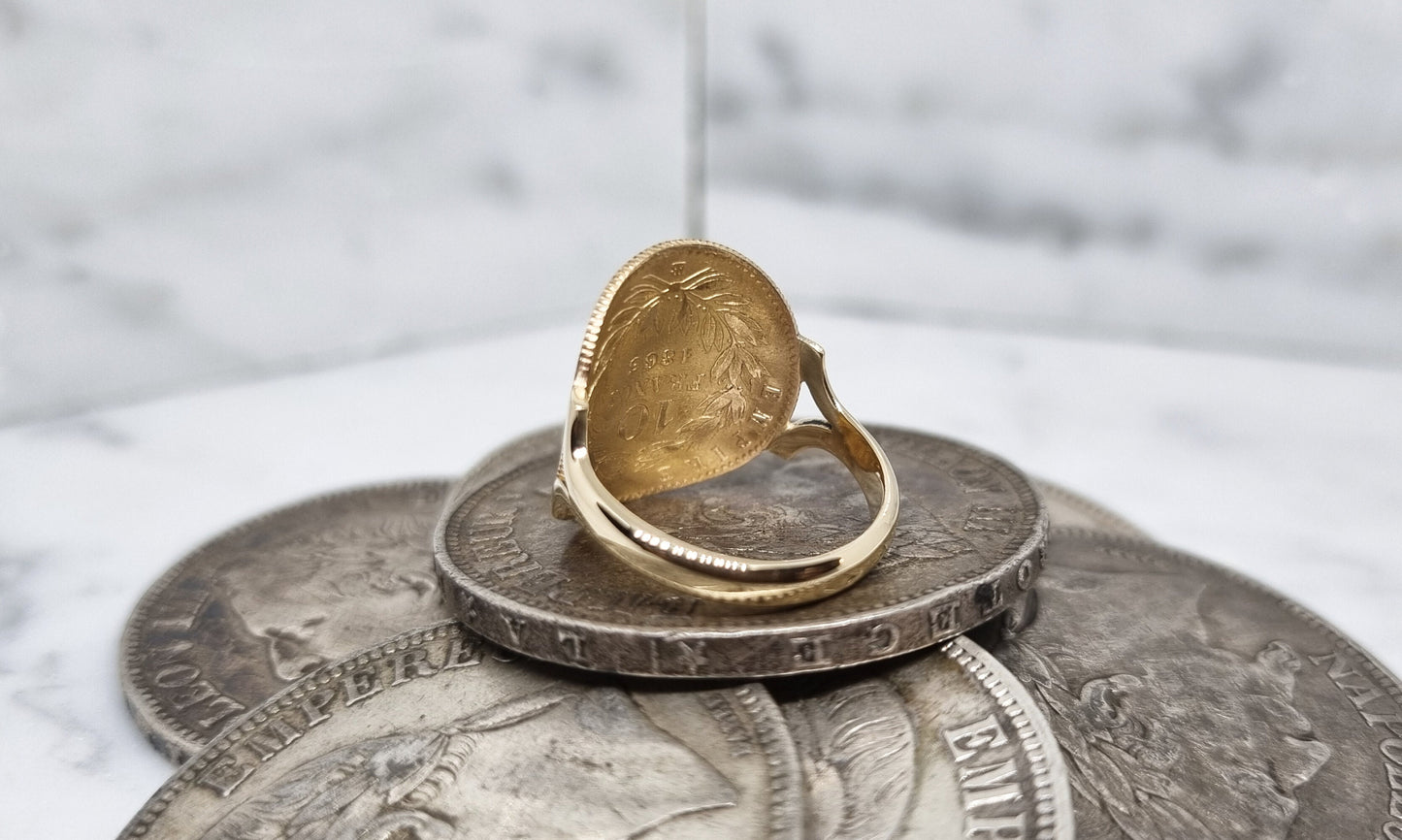 Bague pièce de monnaie 10 Francs Napoléon III tête laurée cintrée en or