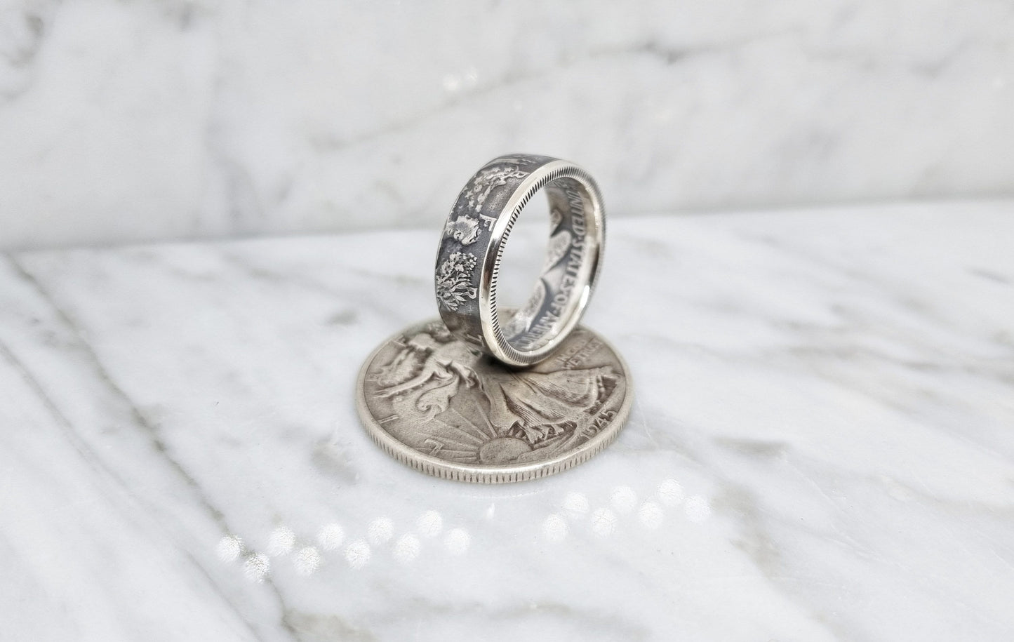 Bague pièce de monnaie 1/2 Dollar "Liberty Walking" des Etats-Unis en argent (coin ring)
