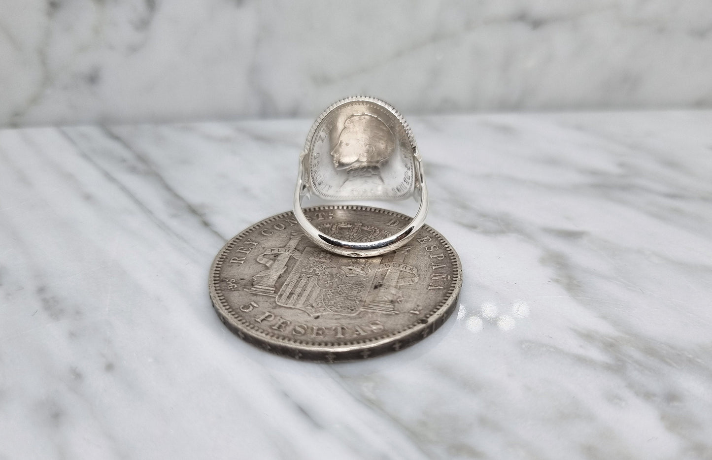 Bague pièce de monnaie 1 Peseta d'Espagne cintrée en argent