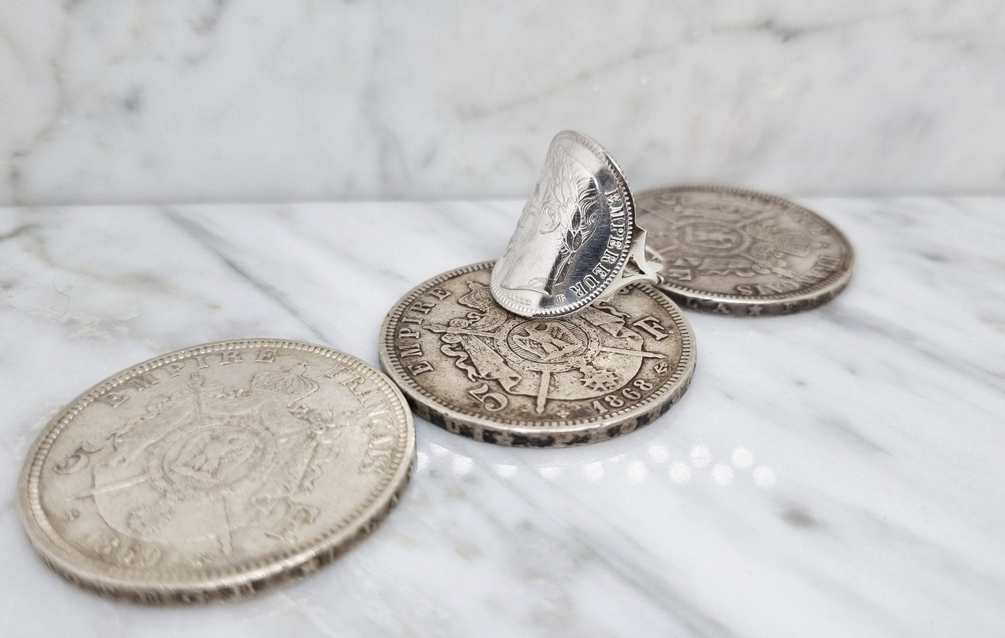 Bague pièce de monnaie 1 Franc Napoléon cintrée en argent