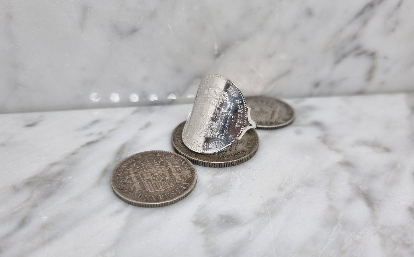 Bague pièce de monnaie 1 Peseta d'Espagne cintrée en argent