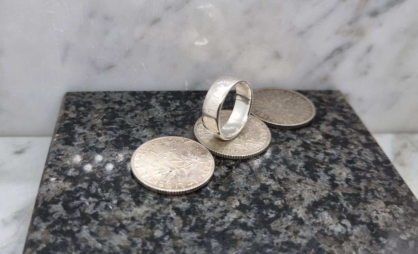 Bague pièce de monnaie 1 Franc Semeuse en argent style alliance avec gravure (coin ring)