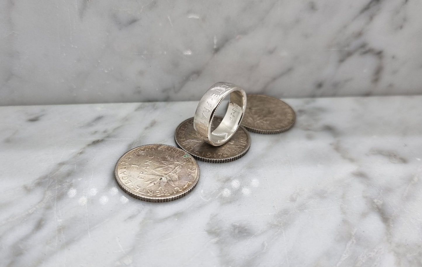 Bague pièce de monnaie 1 Franc Semeuse en argent style alliance avec gravure (coin ring)