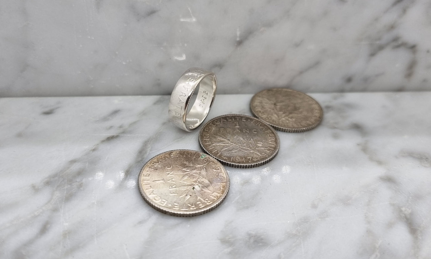 Bague pièce de monnaie 1 Franc Semeuse en argent style alliance avec gravure (coin ring)