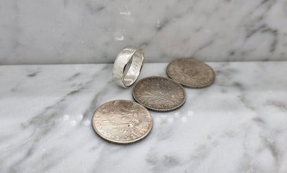 Bague pièce de monnaie 1 Franc Semeuse en argent style alliance avec gravure (coin ring)
