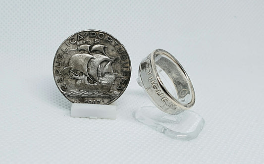 Bague pièce de monnaie 5 Escudos du Portugal en argent (coin ring)