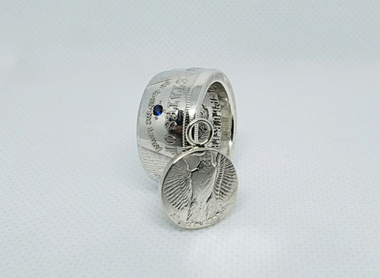 Bague pièce de monnaie 1 Dollar Morgan des Etats-Unis en argent serti d'un saphir avec son pendentif (coin ring)