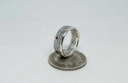 Bague pièce de monnaie 2 Francs Cérès en argent serti d'un rubis (coin ring)