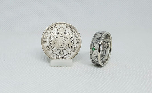 Bague pièce de monnaie 2 francs napoléon en argent serti d'une émeraude (coin ring)