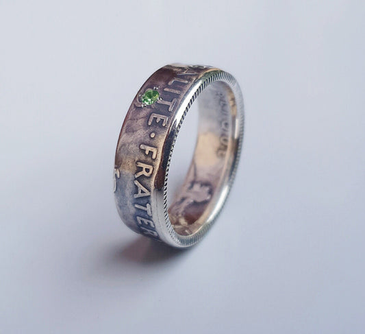 Bague pièce de monnaie 2 Francs Semeuse en argent serti d'une Tsavorite (coin ring)