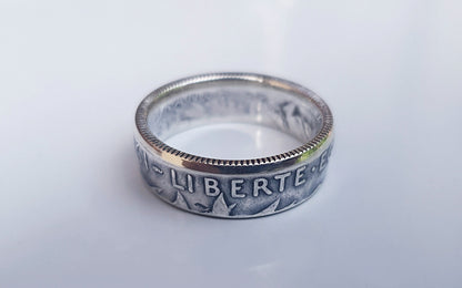 Bague pièce de monnaie 2 Francs Semeuse en argent serti d'une Tsavorite (coin ring)