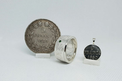 Bague pièce de monnaie 5 Francs Louis Philippe en argent serti d'une tsavorite avec son pendentif (coin ring)