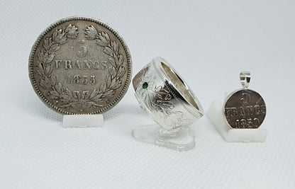 Bague pièce de monnaie 5 Francs Louis Philippe en argent serti d'une tsavorite avec son pendentif (coin ring)