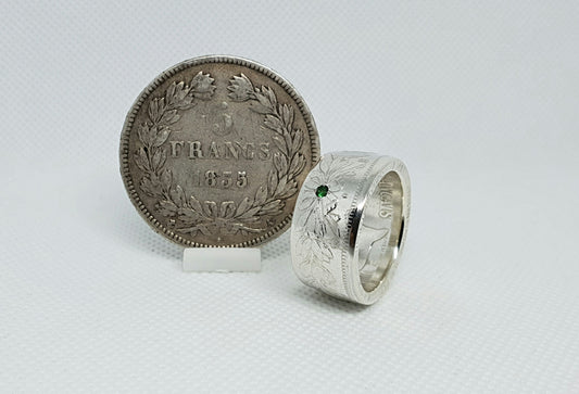 Bague pièce de monnaie 5 Francs Louis Philippe en argent serti d'une tsavorite (coin ring)