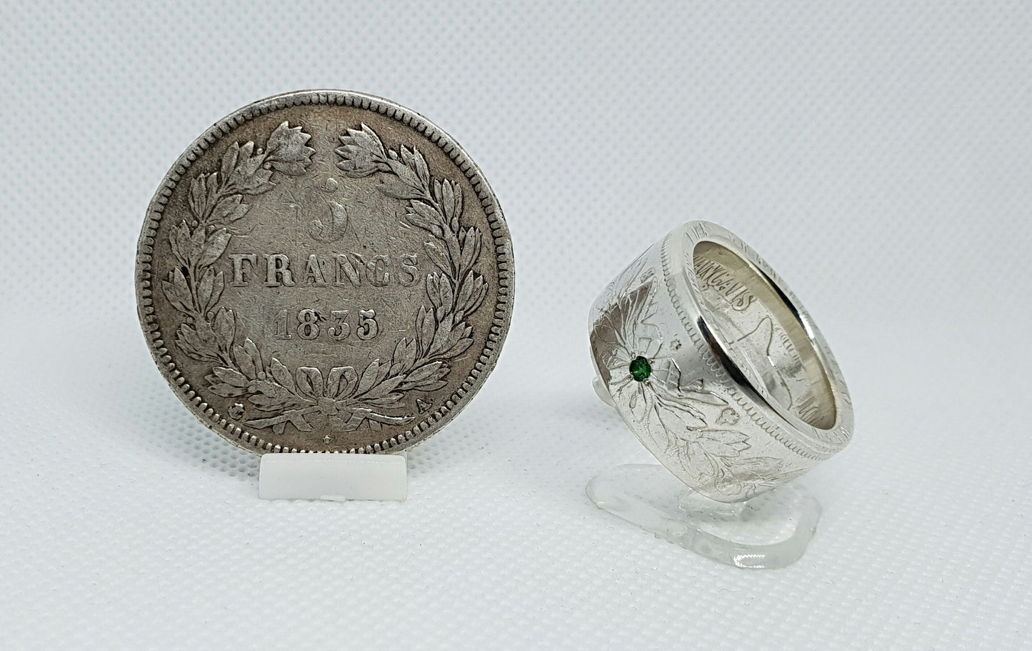 Bague pièce de monnaie 5 Francs Louis Philippe en argent serti d'une tsavorite (coin ring)