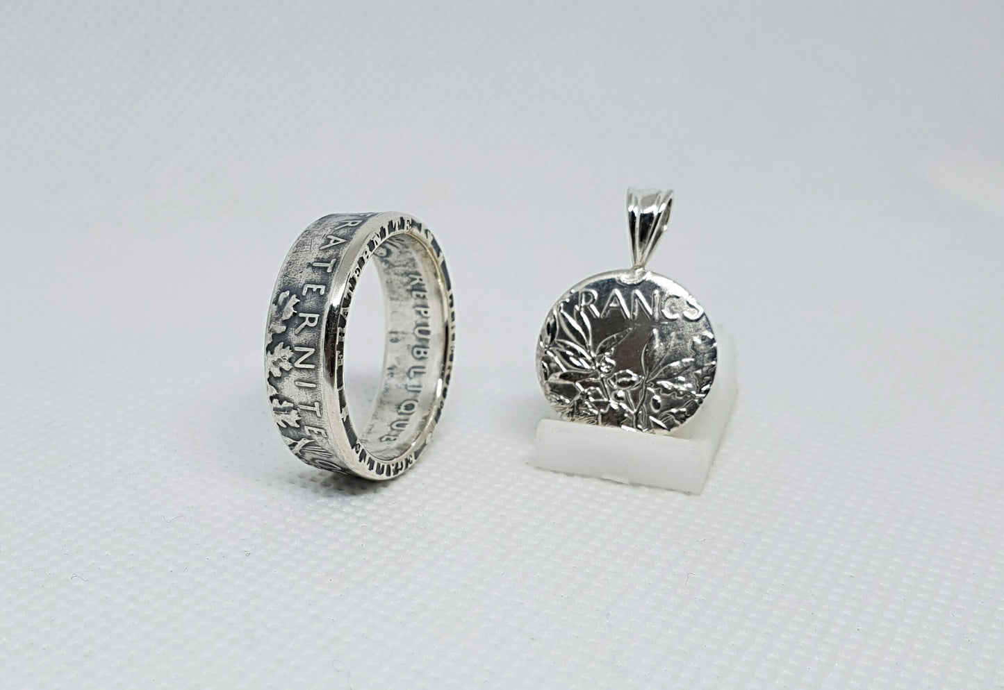 Bague pièce de monnaie 5 Francs Semeuse en argent avec son pendentif (coin ring)