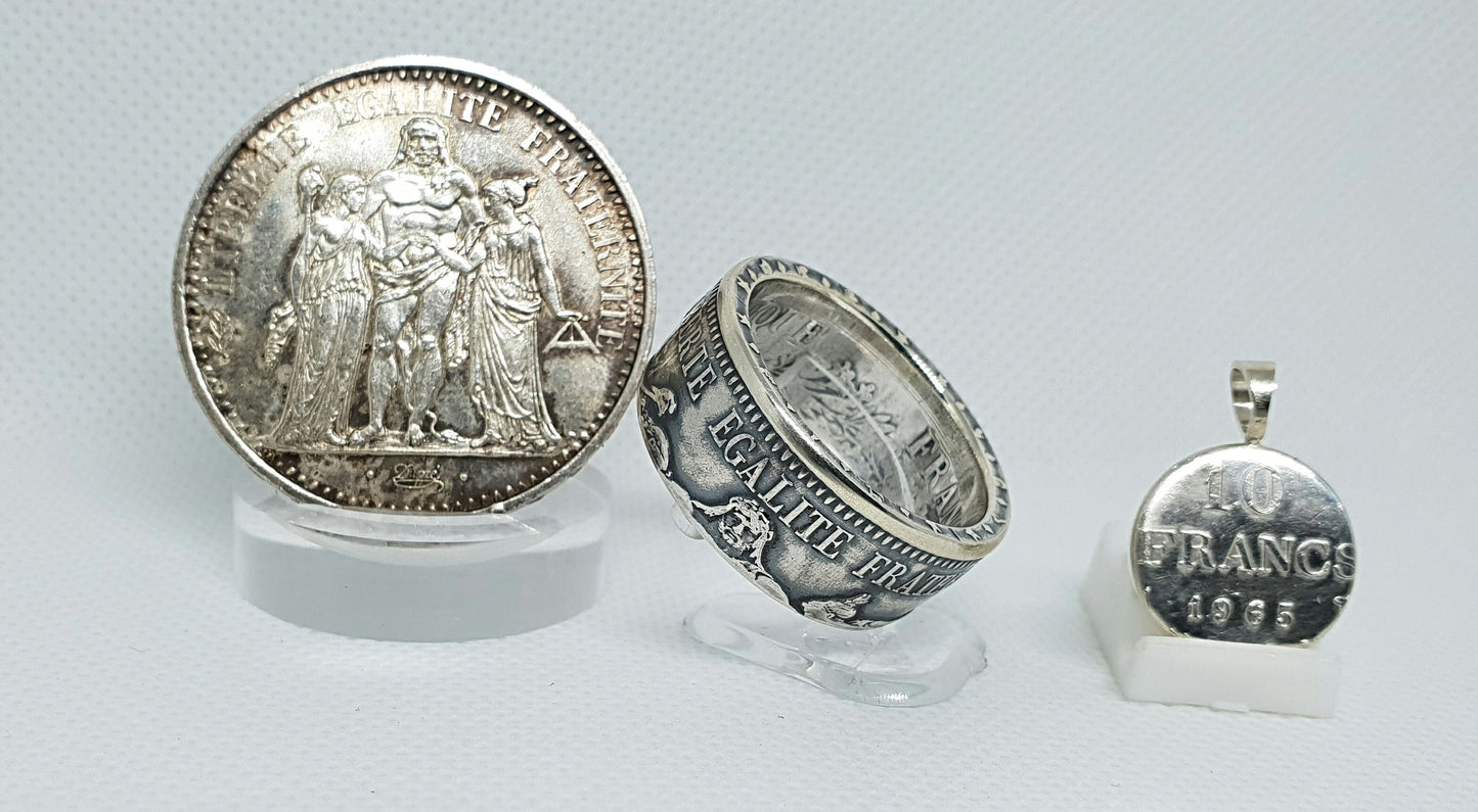 Bague pièce de monnaie 10 Francs Hercule en argent "devise visible" avec son pendentif (coin ring)