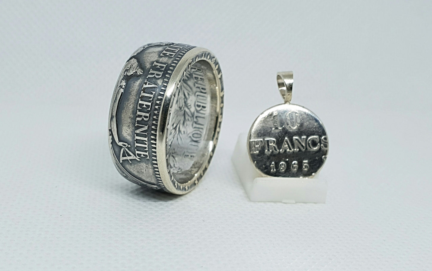 Bague pièce de monnaie 10 Francs Hercule en argent "devise visible" avec son pendentif (coin ring)