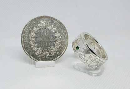 Bague pièce de monnaie 10 Francs Hercule en argent serti d'une tsavorite (coin ring)