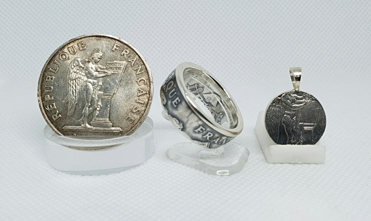 Bague pièce de monnaie 100 Francs "droits de l'homme" en argent avec son pendentif (coin ring)