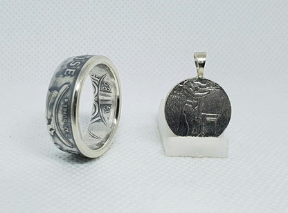 Bague pièce de monnaie 100 Francs "droits de l'homme" en argent avec son pendentif (coin ring)