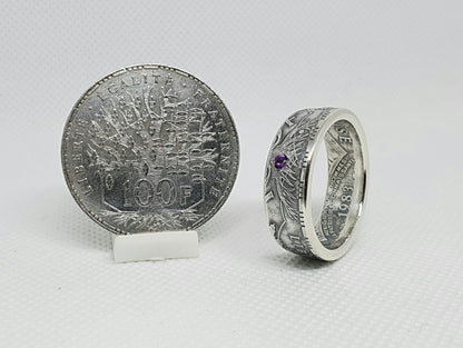 Bague pièce de monnaie 100 Francs "Panthéon" en argent serti d'une améthyste (coin ring)