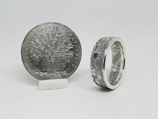 Bague pièce de monnaie 100 Francs "Panthéon" en argent serti d'une améthyste (coin ring)