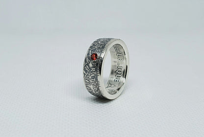 Bague pièce de monnaie 100 Francs "Panthéon" en argent serti d'un rubis (coin ring)