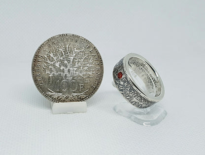 Bague pièce de monnaie 100 Francs "Panthéon" en argent serti d'un rubis (coin ring)