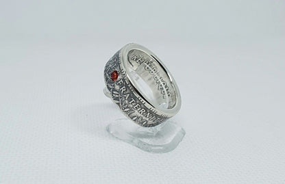 Bague pièce de monnaie 100 Francs "Panthéon" en argent serti d'un rubis (coin ring)