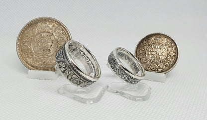 Ensemble bague pièce de monnaie 1 Rupee et un demi Rupee en argent (coin ring)