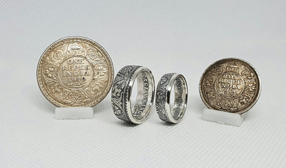 Ensemble bague pièce de monnaie 1 Rupee et un demi Rupee en argent (coin ring)