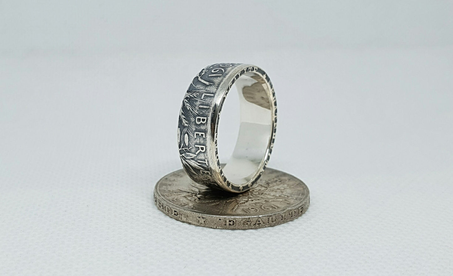 Bague pièce de monnaie 5 Francs Semeuse en argent style alliance (coin ring)