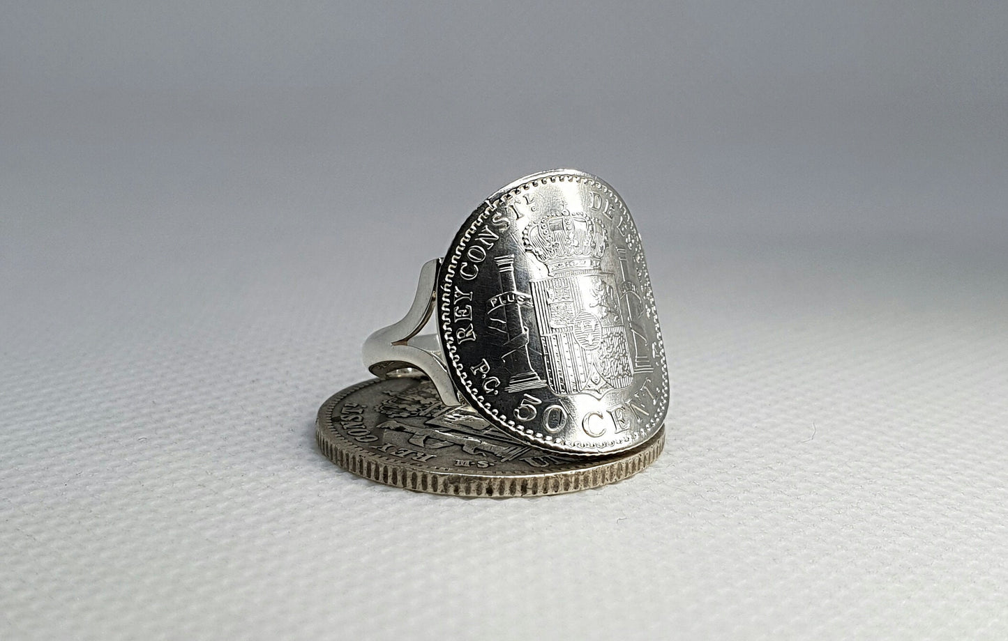 Bague pièce de monnaie 50 Cent d'Espagne cintrée en argent