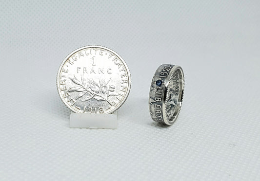 Bague pièce de monnaie 1 Franc Semeuse en argent serti d'un saphir (coin ring)