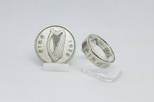 Bague pièce de monnaie 2 Shillings d'Irlande en argent (coin ring)