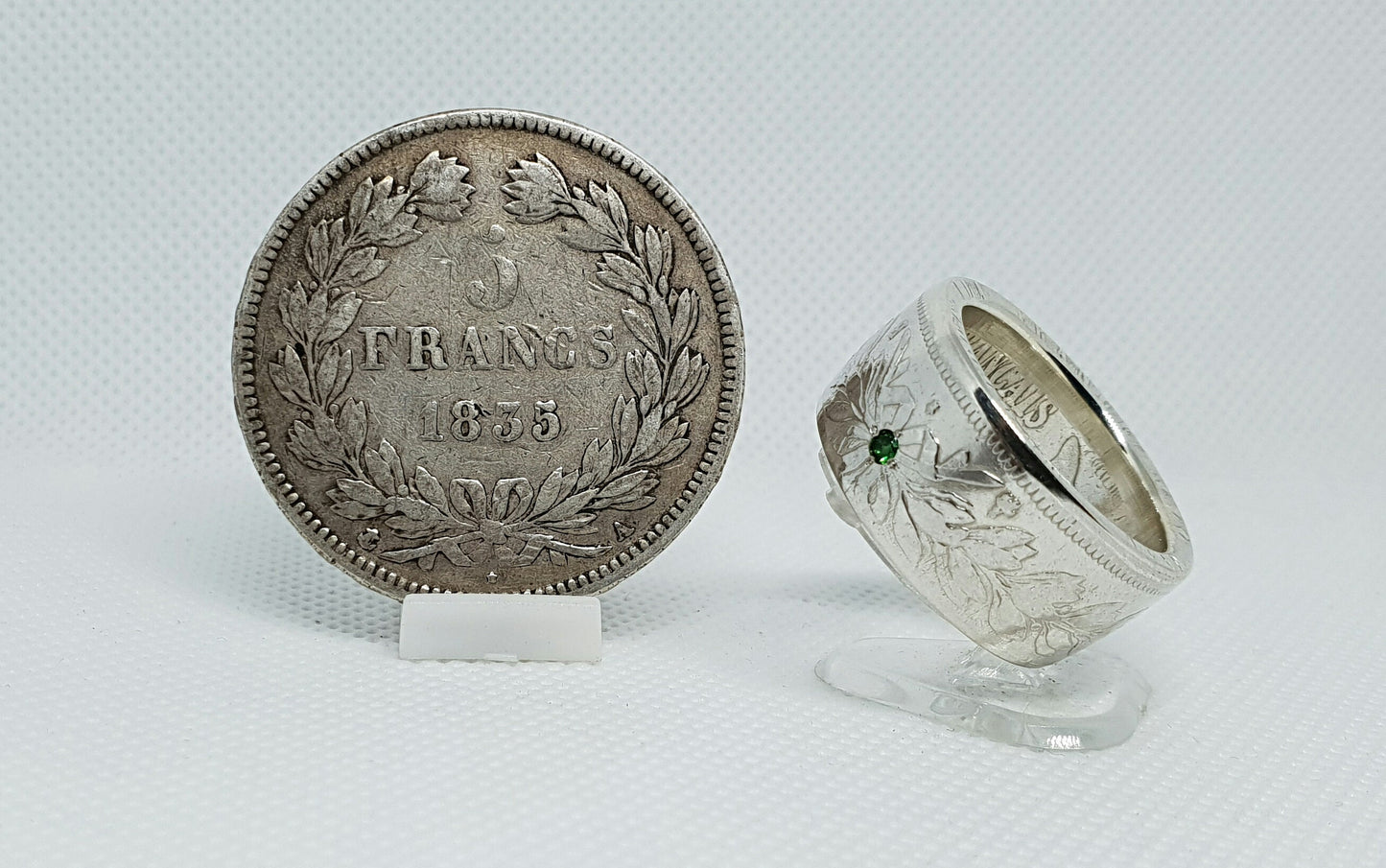 Bague pièce de monnaie 5 Francs Louis Philippe en argent serti d'une tsavorite (coin ring)