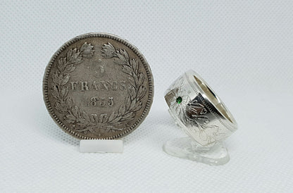 Bague pièce de monnaie 5 Francs Louis Philippe en argent serti d'une tsavorite (coin ring)