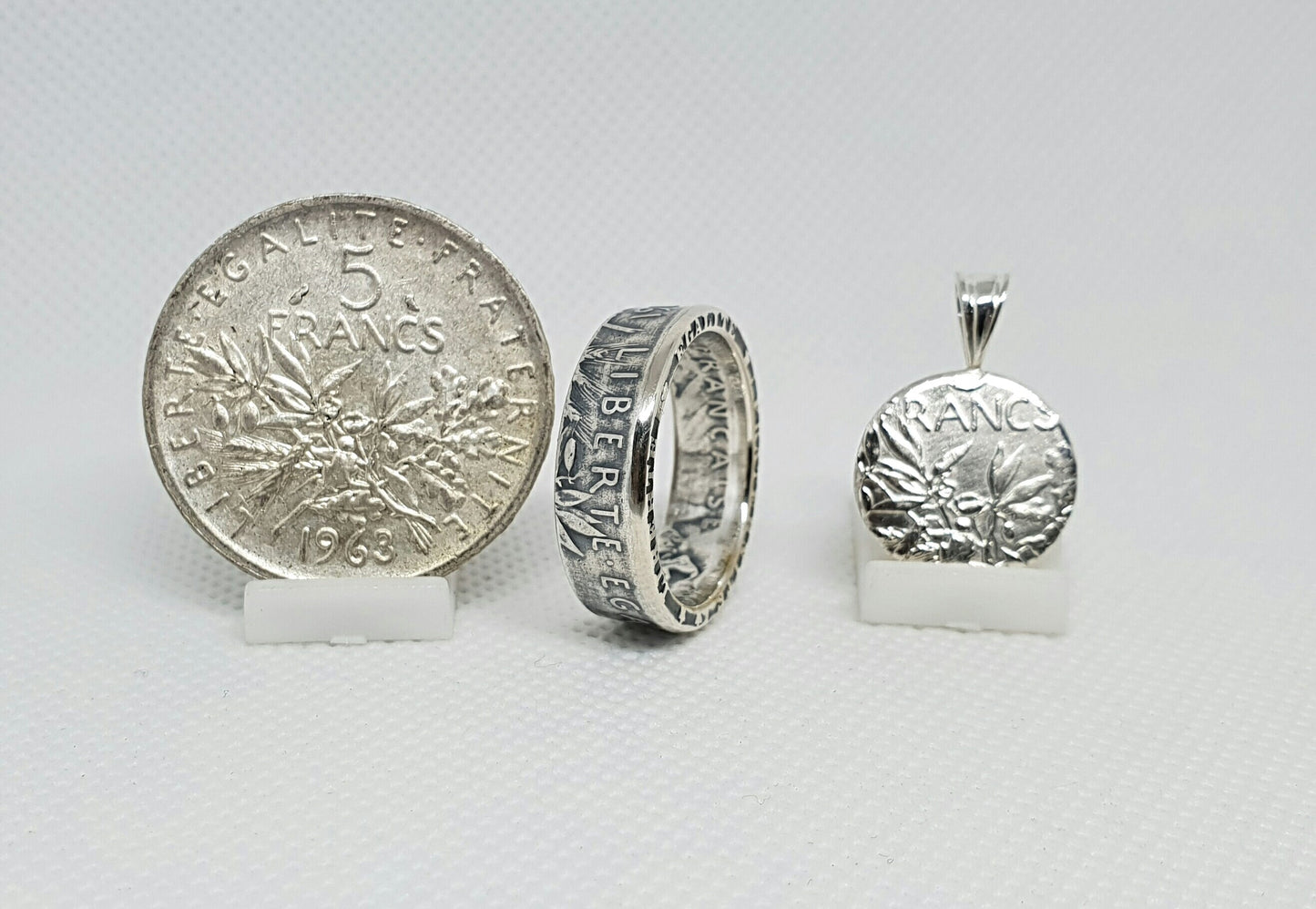 Bague pièce de monnaie 5 Francs Semeuse en argent avec son pendentif (coin ring)