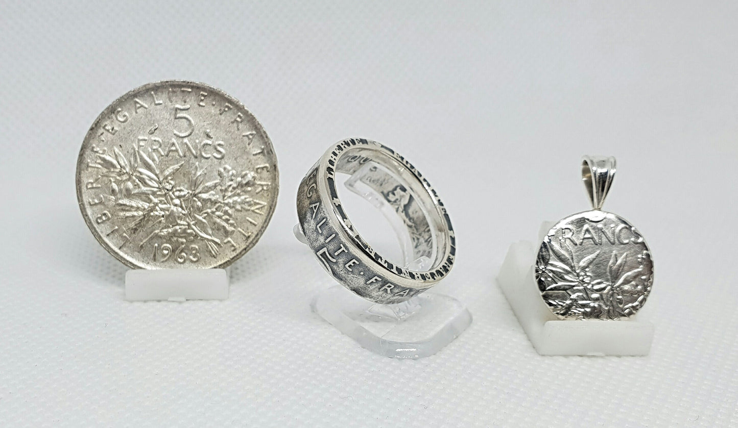 Bague pièce de monnaie 5 Francs Semeuse en argent avec son pendentif (coin ring)